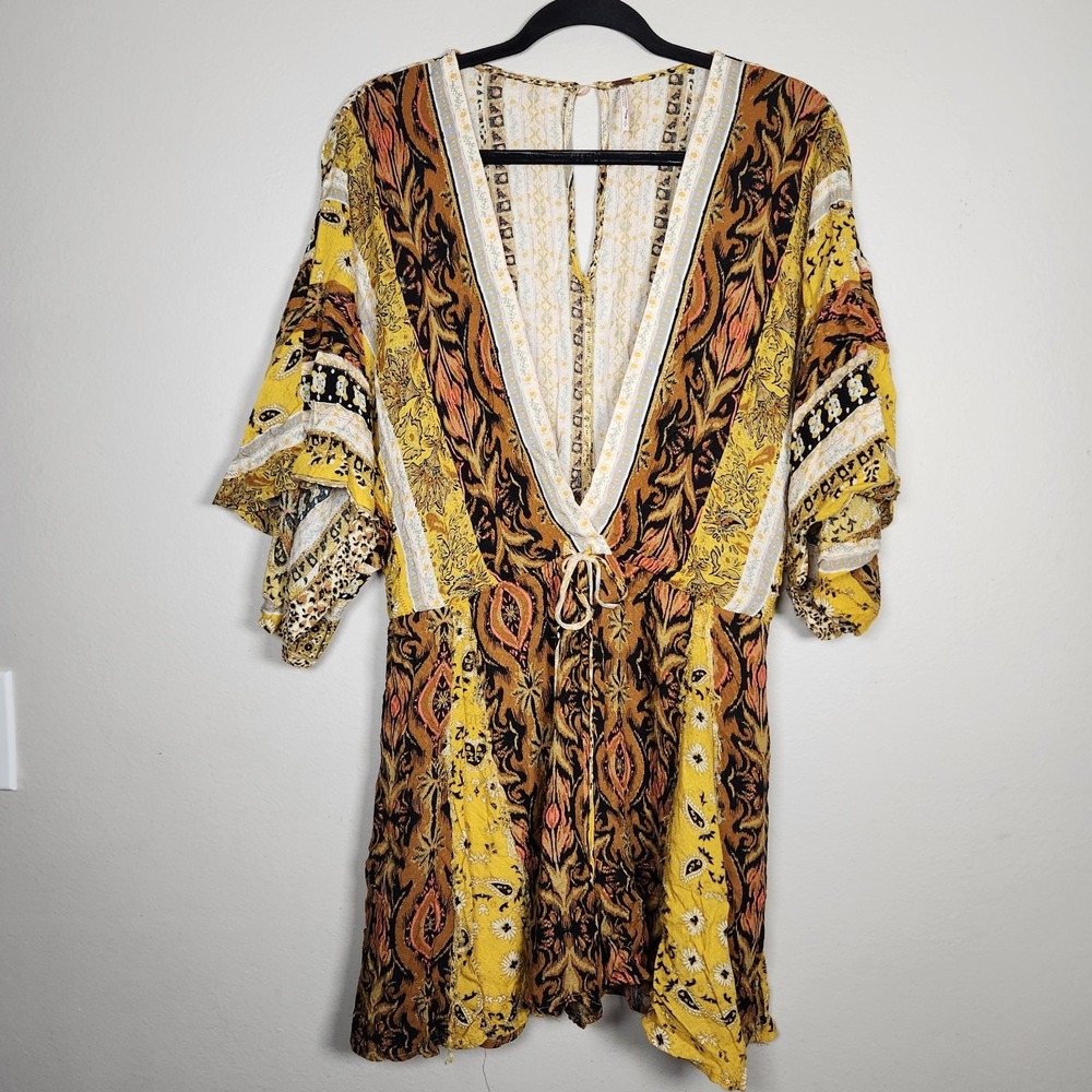 Free People Womens XS Brown Gold Mixed Emotions Romper Boho Festival Patchwork